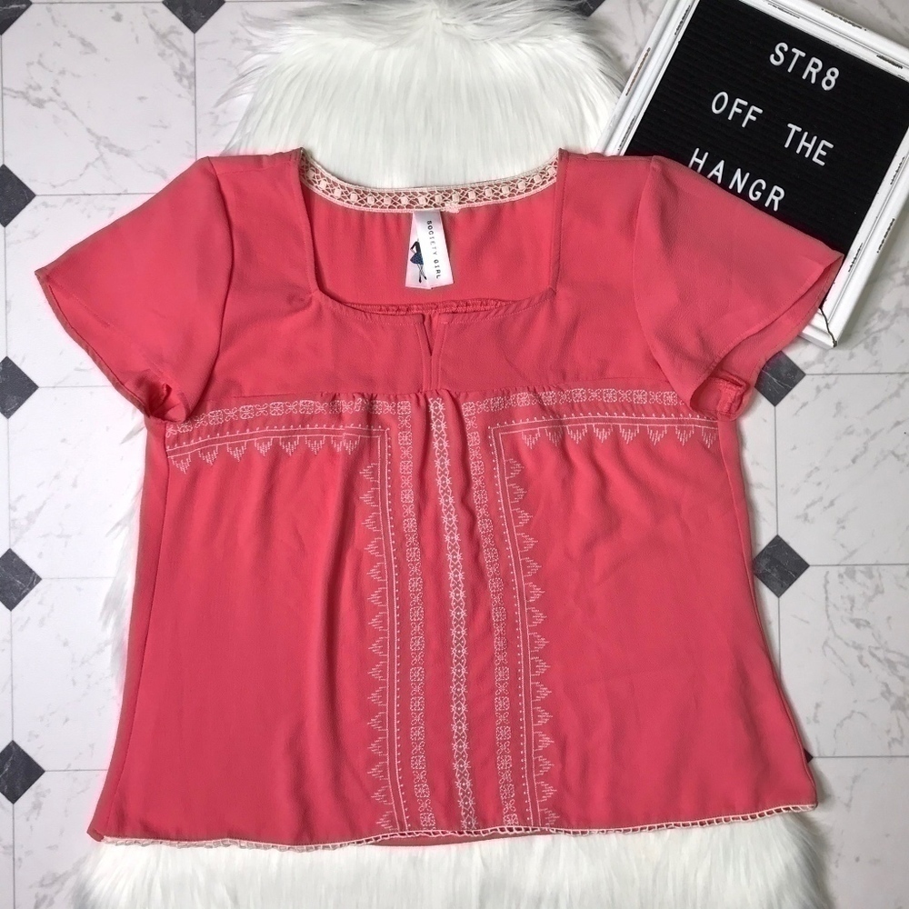 SOCIETY GIRL embroidered pink blouse size Large